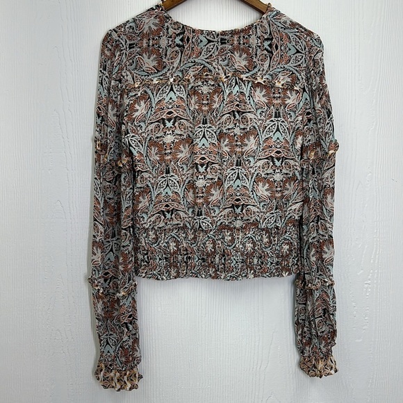 Anthropologie - Paisley Floral Printed Blue Motif Ruffle Deep V Blouse Medium - Picture 10 of 11